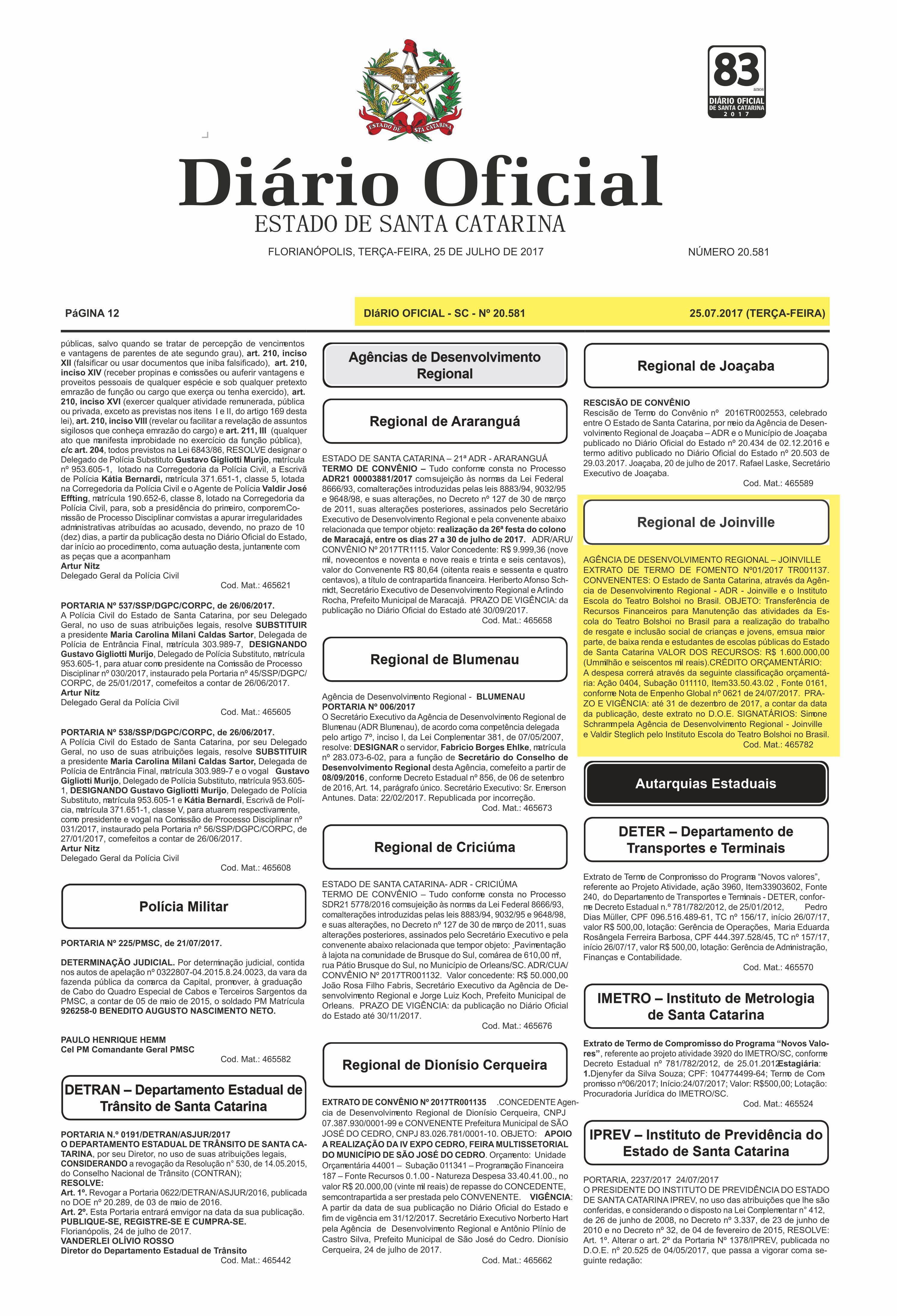 Publicação Diário Oficial de Santa Catarina - 2017